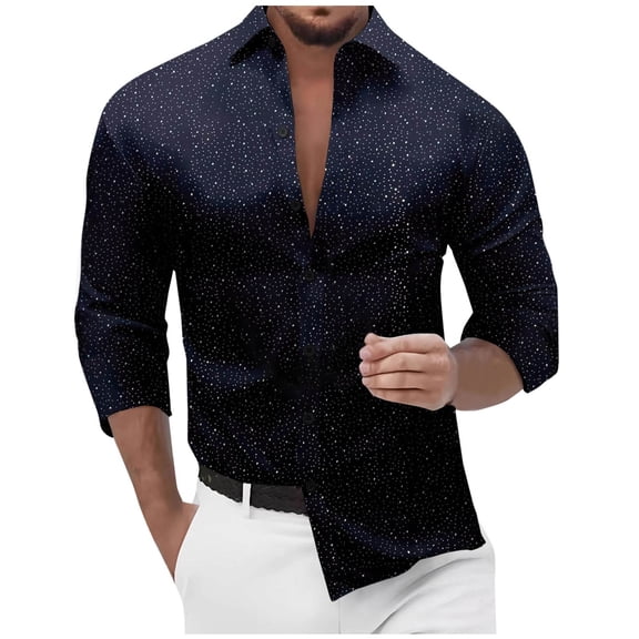 IYTR Man Casual Button Up Shirt Printed Long Sleeve Turndown Collar Blouse Lightweight Comforable Shirts (Navy,L)