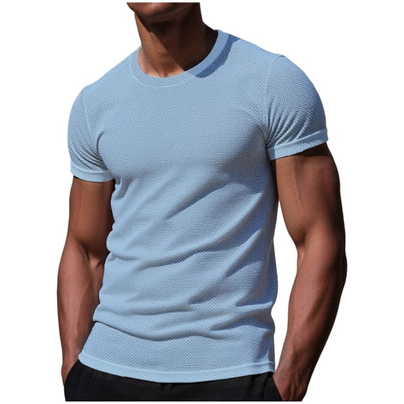 IYTR Men Casual Shirts Crew Neck Short Sleeve Slim Fit Muscle T-Shirt Textured Pattern Casual Summer Gym Workout Athletic Solid Color Tee (Light Blue,XXXL)
