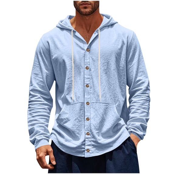 IYTR Men Cotton Linen Long Sleeve Button Down Shirt Casual Hooded Vintage Shirts Beach Lightweight Tops with Pockets (Light Blue,M)