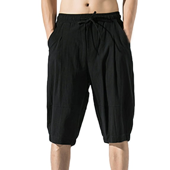 IYTR Men Linen Shorts Summer Solid Color with Pockets Lightweight Elastic Waist Drawstring Wide Leg Casual Shorts Black L