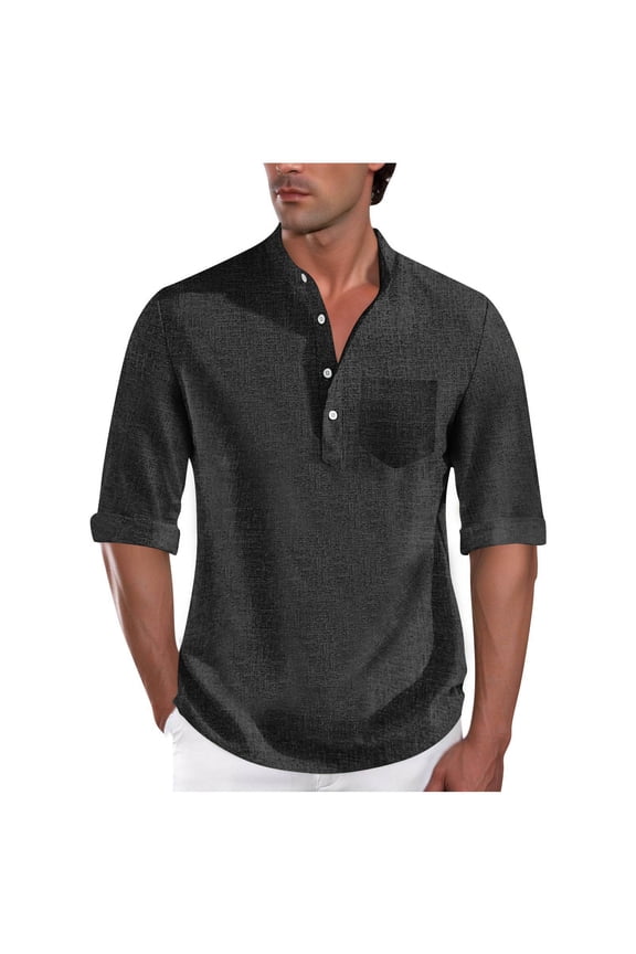 Men Dress Shirts 3/4 Length Sleeve Tops Casual Button V Neck Henley Pullover Wedding Work Dress Shirts for Men (Black,L)