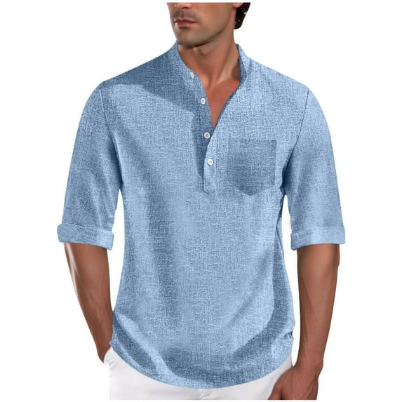 IYTR Men Dress Shirts 3/4 Length Sleeve Tops Casual Button V Neck Henley Pullover Wedding Work Dress Shirts for Men (Sky Blue,L)