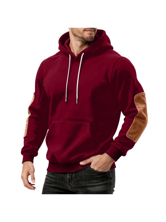 Men Hoodie Pullover Hooded Elbow Patch Detail Front Kangaroo Pocket Drawstring Hood Thick Fleece Relaxed Fit Long Sleeve Sweatshirt,Size:S