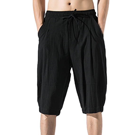 IYTR Men Linen Shorts Summer Solid Color with Pockets Lightweight Elastic Waist Drawstring Wide Leg Casual Shorts Black M