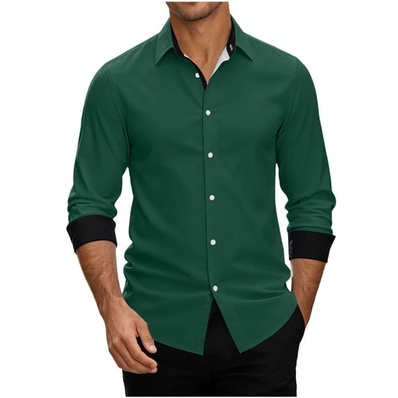 IYTR Men Long Sleeve Button Up Dress Shirts Contrast Cuff Lapel Solid Color Slim Fit Office Casual Top (Green,XXL)