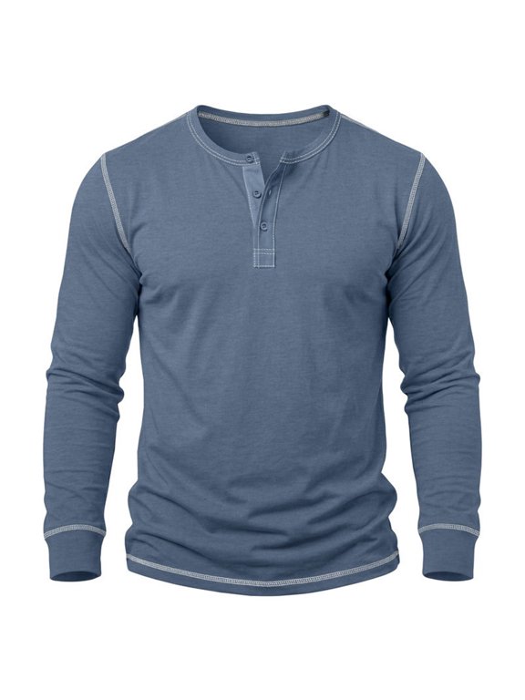 Men Long Sleeve Shirts Contrast Cuff Raglan Sleeve Half Button Solid Soft Casual Daily Wear Tee (Blue,S)