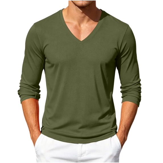 IYTR Men Long Sleeve V Neck Tee Shirts Slim Fit Solid Color Stretchy Soft Tops Fall Daily Casual Pullover (Army Green,XXL)