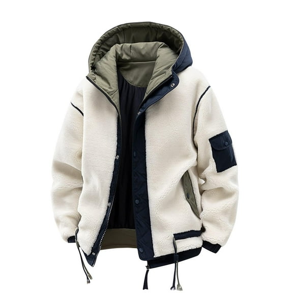 IYTR Men Patchwork Fleece Jacket Winter Thick Hooded Wool Jacket Casual Long Sleeve Padded Coats (Beige,L)