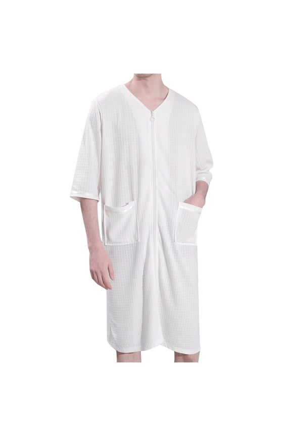 Men'S Nightgown Absorbent Quick-Drying Robe With Pocket Zipper Couple Bathrobe Pajamas White XXXL