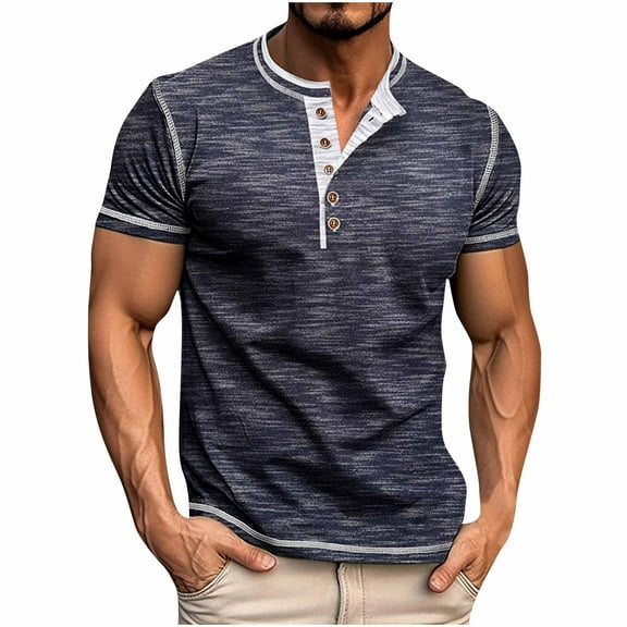 IYTR Men Shirts Casual Short Sleeve Tshirt Classic Solid Color T Shirts Summer Loose Casual Gym Shirts Men V-Neck Button Comfortable Blouses (Blue,M)