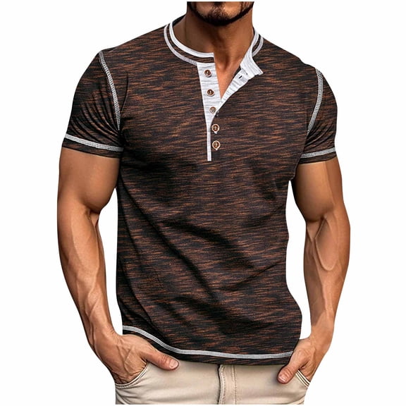 IYTR Men Shirts Casual Short Sleeve Tshirt Classic Solid Color T Shirts Summer Loose Casual Gym Shirts Men V-Neck Button Comfortable Blouses (Coffee,S)