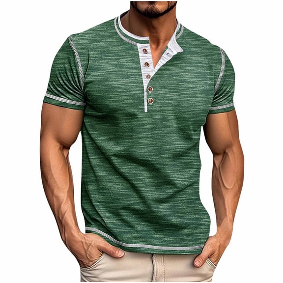 IYTR Men Shirts Casual Short Sleeve Tshirt Classic Solid Color T Shirts Summer Loose Casual Gym Shirts Men V-Neck Button Comfortable Blouses (Green,M)