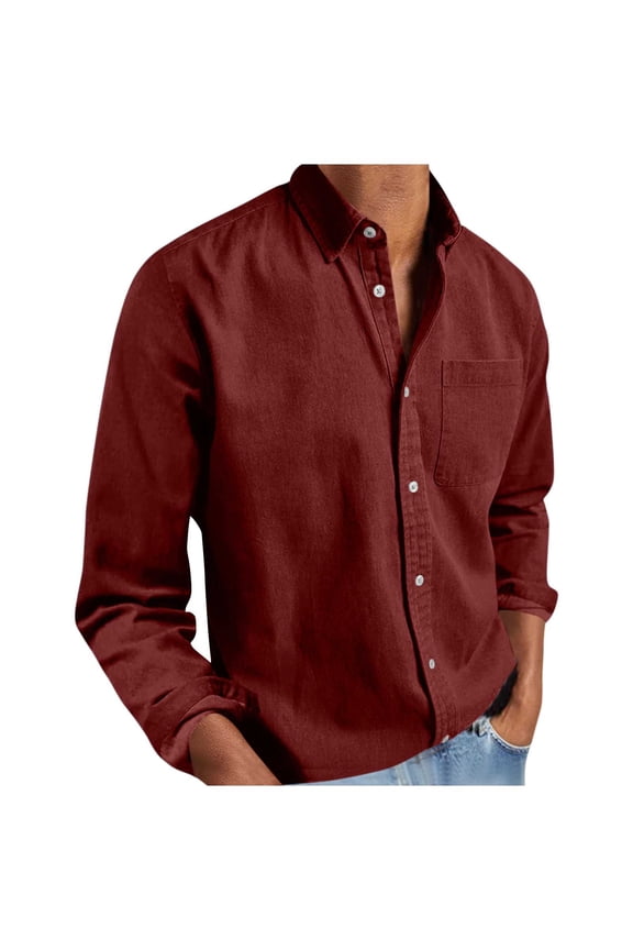 Men Shirts Long Sleeve Turndown Collar Button Tshirts Leisure Lightweight Spring Clothes Loose Fit Solid Color Shirt (Wine,XL)
