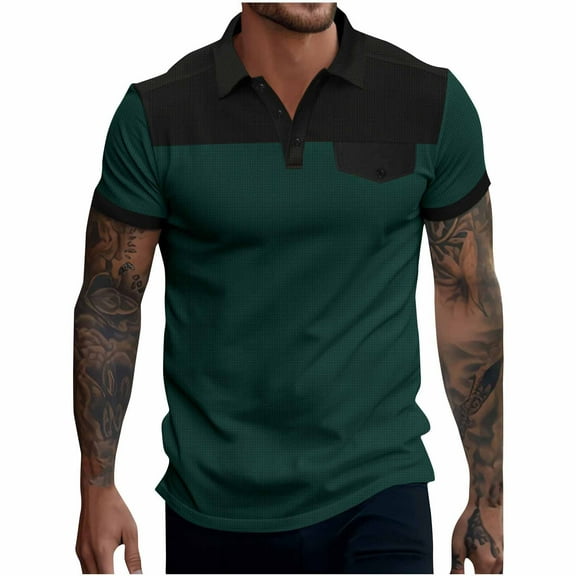 IYTR Men Shirts Short Sleeve Loose Comfortable Color Blocking Patchwork Lightweight Lapel Button Classic T Shirts Business Casual Tshirt Blouses (Army Green,S)