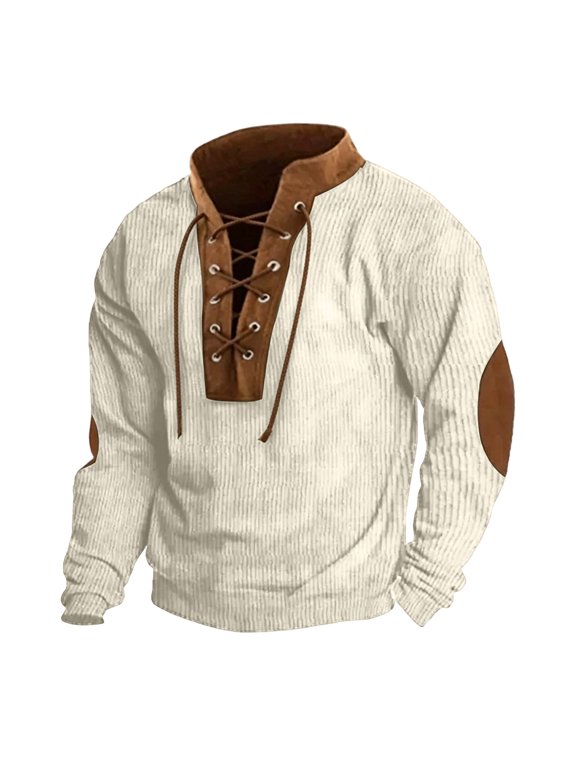 Men Sweatshirt Lace Up Collar Corduroy Patch Detail Ribbed Textured Fabric Elbow Patches Long Sleeve Vintage Pullover Sweatshirt for Men Casual Fall Outfit,Size:XXXL