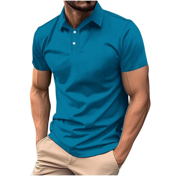 IYTR Men T Shirt Summer Comfy Solid Color Fashion Short Sleeve T Shirts 2-button Turndown Collar Sport Fitness Golf Shirts Casual Sky Blue L