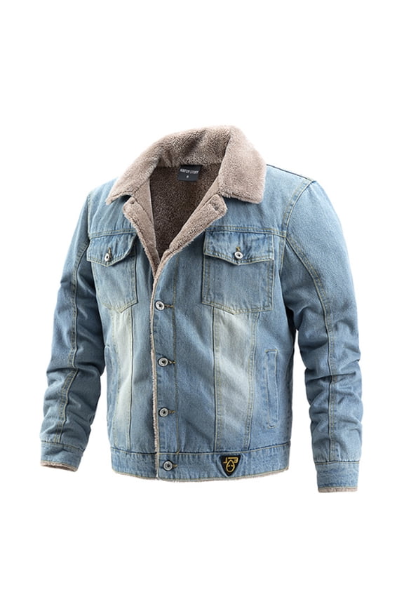 Men Winter Warm Denim Jacket Plus Velvet Thickening Turndown Collar Jean Coats Outwear Blue M