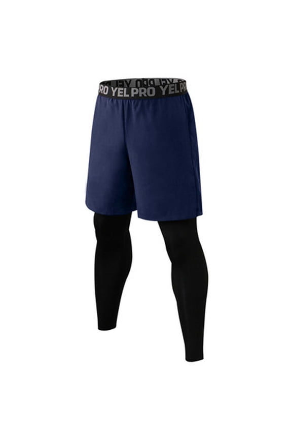 Men's 2 in 1 Running Shorts with Compression Tights Base Layer Workout Training Gym Fitness Shorts Pants Navy M