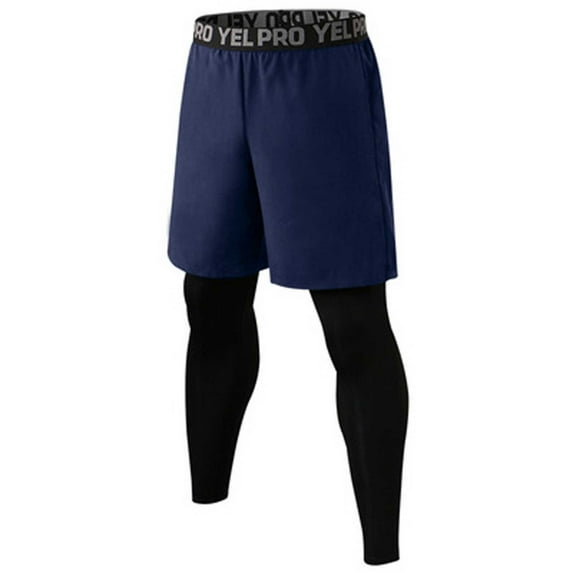IYTR Men's 2 in 1 Running Shorts with Compression Tights Base Layer Workout Training Gym Fitness Shorts Pants Navy XL