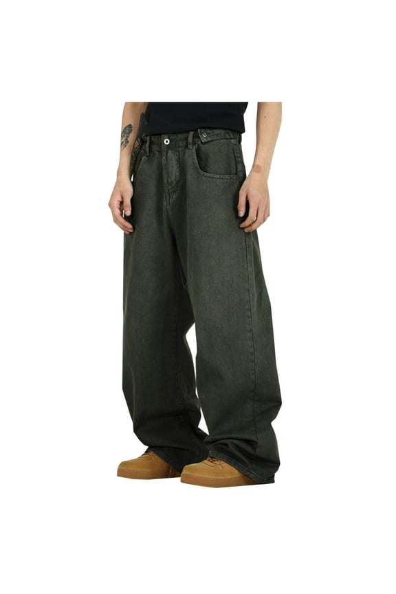 Men's Baggy Jeans High Waist Oversized Solid Color Casual Pants Loose Hip Hop Wide Leg Denim Streetwear Pants Green L