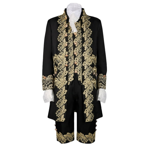 IYTR Men's Baroque Suit Gold Embroidery Vintage Formal Wedding Costume 3 Piece Set Tailcoat Vest Pants Black L