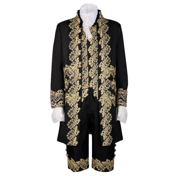 IYTR Men's Baroque Suit Gold Embroidery Vintage Formal Wedding Costume 3 Piece Set Tailcoat Vest Pants Black XL