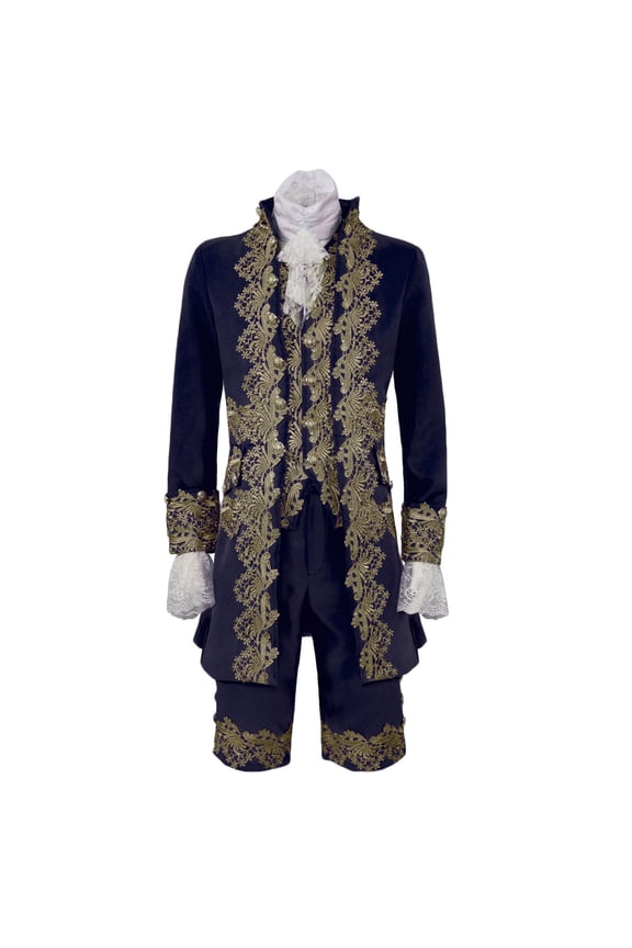 Men's Baroque Suit Gold Embroidery Vintage Formal Wedding Costume 3 Piece Set Tailcoat Vest Pants Blue XXL
