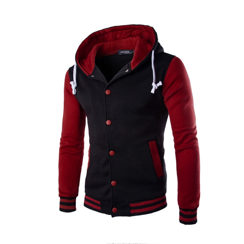 Red Drawstring Jacket IYTR Men's Baseball Hoodie Color Block Buttons Hooded Drawstring ...