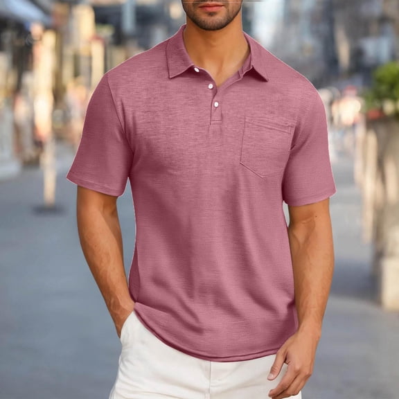 IYTR Men's Business Casual Button Shirts with Pocket Short Sleeve T Shirts Basic Collared Tees Stylish Summer Clothes (Pink,M)