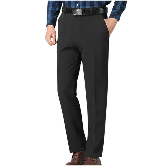 IYTR Men's Business Dress Pants Straight Leg Flat Front Stretch Comfort Trousers with Pockets Solid Loose Suit Trousers Black XL 35