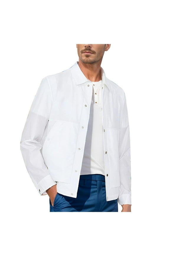 Men's Button Up Jacket Long Sleeve Lightweight Solid Color Windbreaker Outwear Coat Fall Winter Spring Fashion Outdoor Daily White L