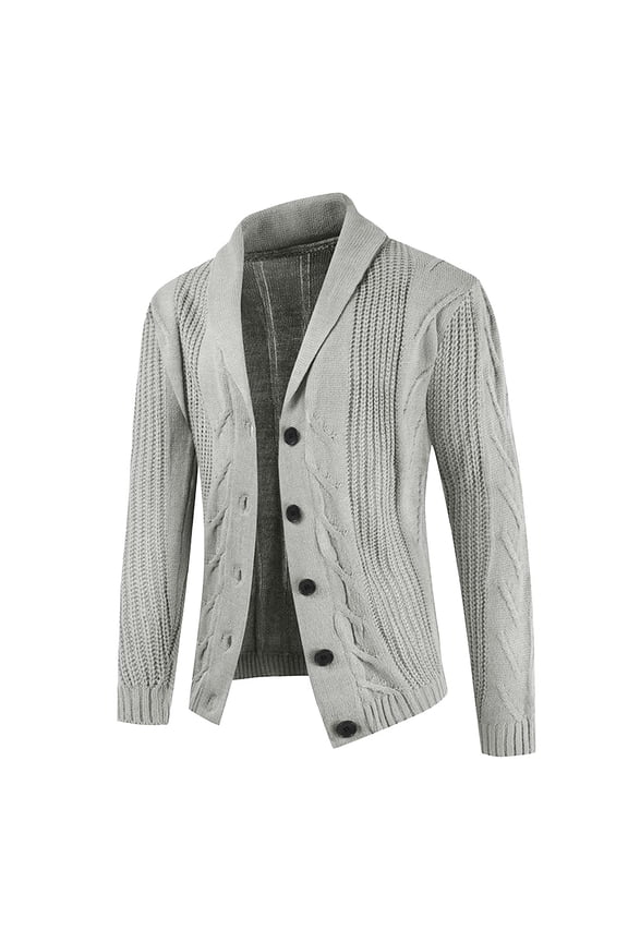 Men's Cable Knit Cardigan Sweater Long Sleeve Button Up Shawl Collar Warm Knitwear Tops Gray S