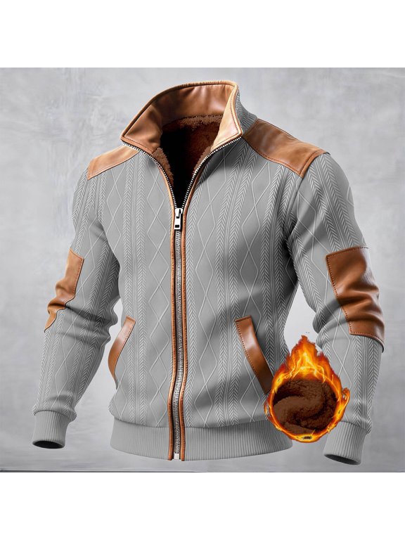 Men's Cable Knit Fleece Lined Jackets Zip‑Up Contrast Long Sleeve Outerwear Warm Coats with Faux Leather Patches for Fall Winter Casual Daily,Size:S-XXXL