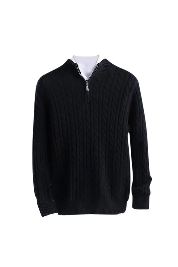 Men's Cable Knit Half Zip Sweater Solid Color Long Sleeve Pullover Warm Sweater Soft Comfortable Knit Tops Black M