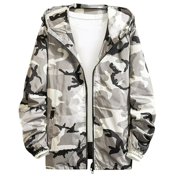 IYTR Men's Camouflage Jacket Fashion Long Sleeve Windbreaker Hooded Sweatshirts Full Zip Up Outdoor Sport Jacket Gray XXXL