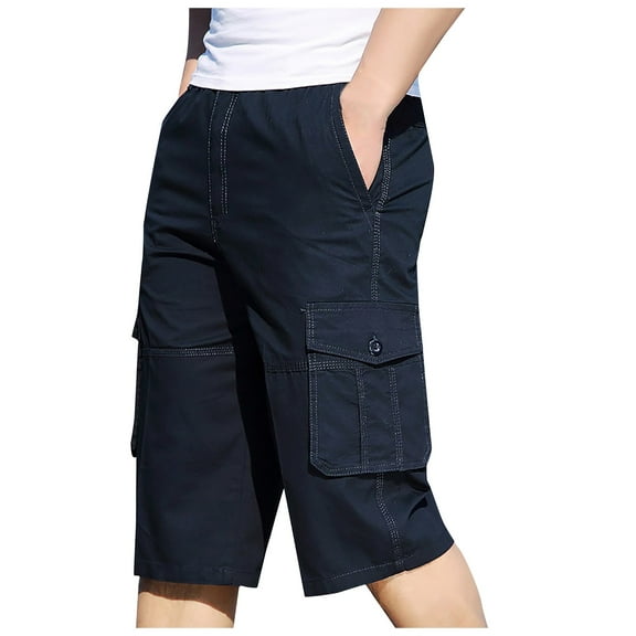 IYTR Men's Cargo Shorts Casual Solid Color Straight Shorts Summer Loose Multi-Pockets Pants Navy XXL