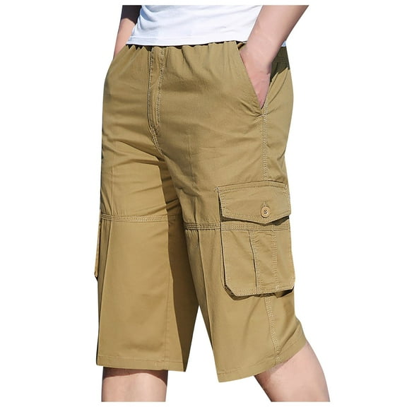 IYTR Men's Cargo Shorts Casual Solid Color Straight Shorts Summer Loose Multi-Pockets Pants Yellow XXXL
