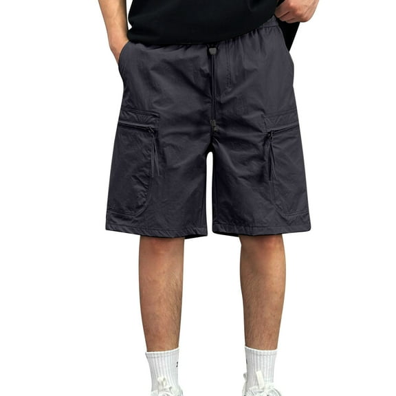 IYTR Men's Cargo Shorts Casual Summer Stretch Hiking Shorts Trendy Elastic Waist Knee Length Solid Color Pants with Zip Pocket (Black,XXXXL)