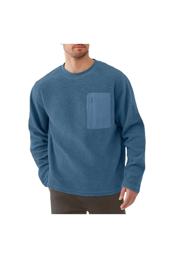 Men's Casual Crewneck Sweatshirts Pullover with Chest Pocket Fleece Pullover Long Sleeve Fall Winter Thermal Tops (Blue,S)