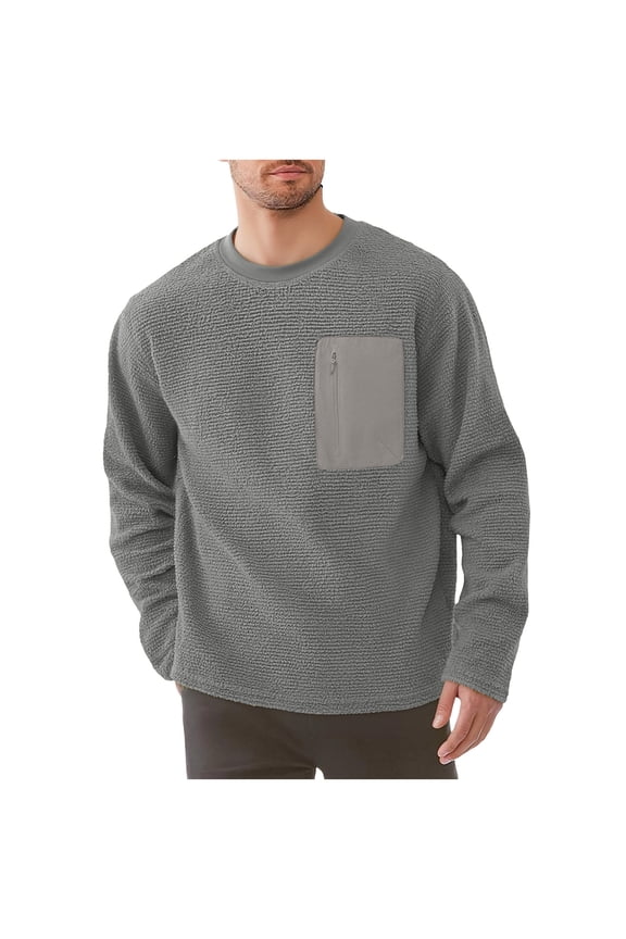 Men's Casual Crewneck Sweatshirts Pullover with Chest Pocket Fleece Pullover Long Sleeve Fall Winter Thermal Tops (Gray,S)