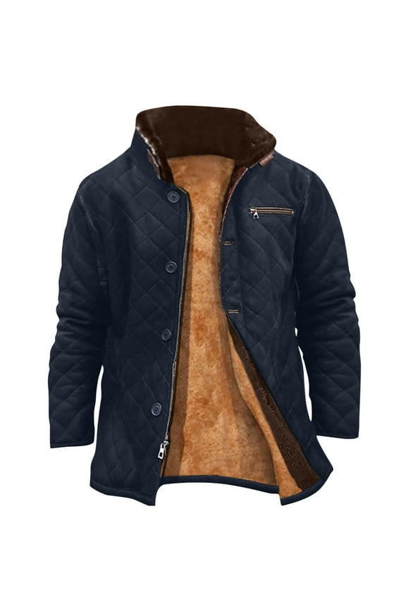 Men's Casual Fleece Sherpa Lined Jacket Winter Warm Button Zip Long Sleeve Lapel Collar Coat Outwear with Pocket (Blue,L)