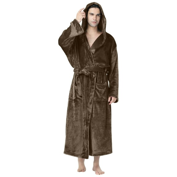 IYTR Men's Casual Hooded Fleece Bathrobe Solid Color Long Sleeve Soft Plush Long Robe Coffee M