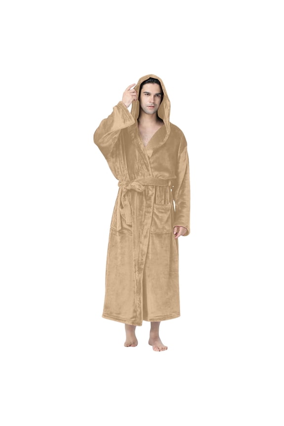 Men's Casual Hooded Fleece Bathrobe Solid Color Long Sleeve Soft Plush Long Robe Khaki M