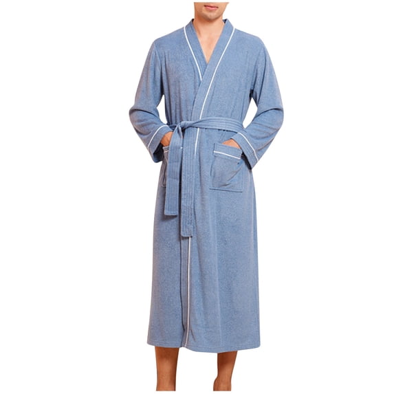 IYTR Men’s Casual Robe Comfy Waist Solid Color Long Sleeve Soft Pockets Robes Blue XXXL