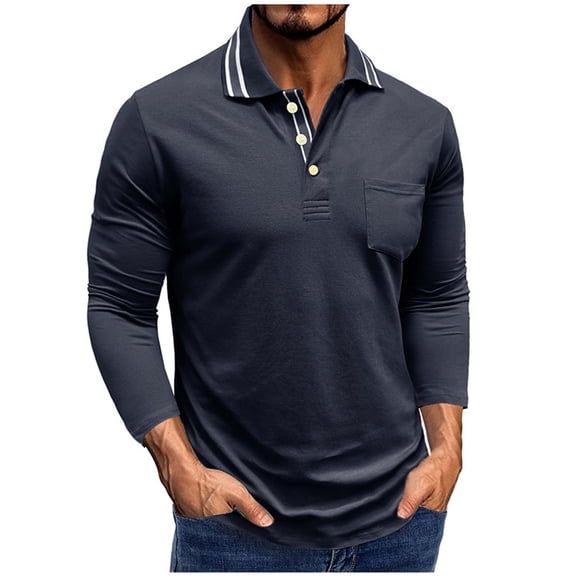 IYTR Men's Casual Shirts Classic Long Sleeve Basic Button T-Shirt Lightweight Cotton Comfy Tops with Pocket (Dark Blue,S)