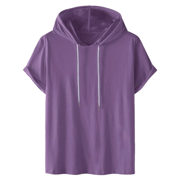IYTR Men's Casual Short Sleeve Hooded Shirts Summer Drawstring Solid Color Loose Sports T-Shirt Tops Purple XL
