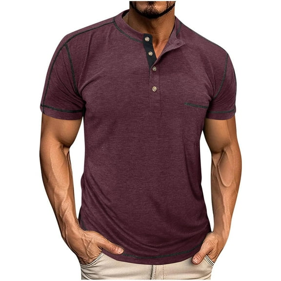IYTR Men's Casual Short Sleeve Shirts Business Casual Lapel Loose Fitted Classic Solid Color Tshirt Lightweight Fashion Raglan Comfy Shirts (Wine,XXL)