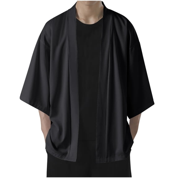 IYTR Men's Cloak Coat Crewneck Coat Solid Color Summer Thin Ice Silk Sunscreen Clothing Coat Long Sleeve Jacket Black M