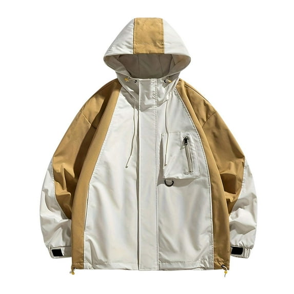 IYTR Men's Color Block Hooded Windbreaker Jacket Drawstring Hem Long Sleeve Zipper Pockets Streetwear Coats Beige XXXL