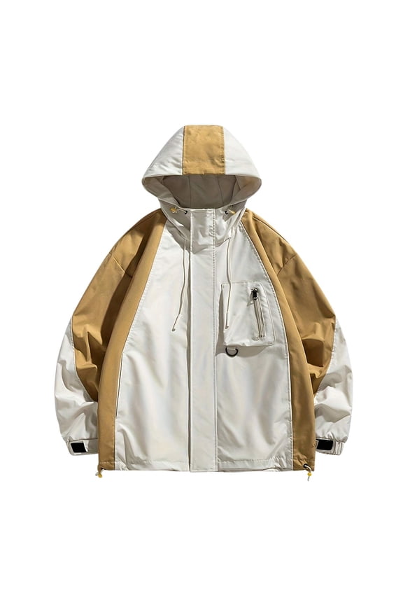 Men's Color Block Hooded Windbreaker Jacket Drawstring Hem Long Sleeve Zipper Pockets Streetwear Coats Beige M